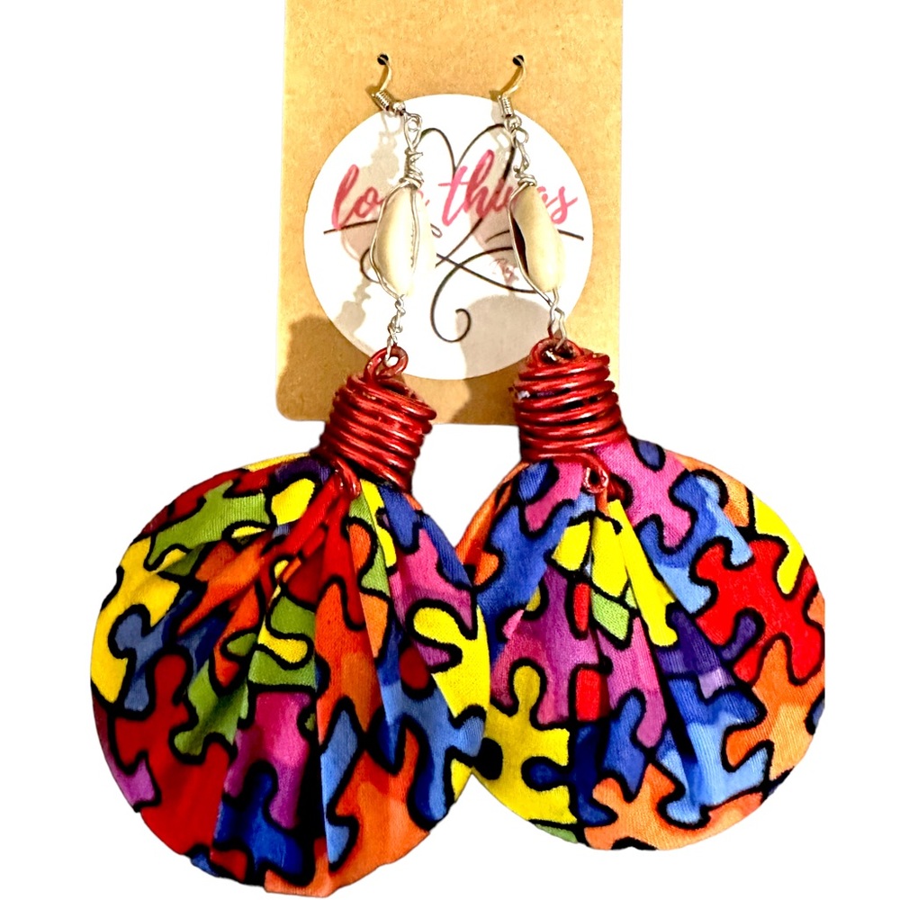 Autism Awareness Dangling Fabric and Wire Earrings